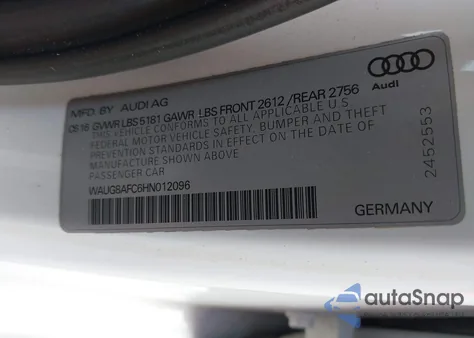 2017 Audi A6 2.0T Premium from USA, damaged, VIN WAUG8AFC6HN012096